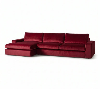 Sillón esquinero Victoria en pana antimanchas Bordó, forma en L con chaise, brazos rectos y almohadones grandes