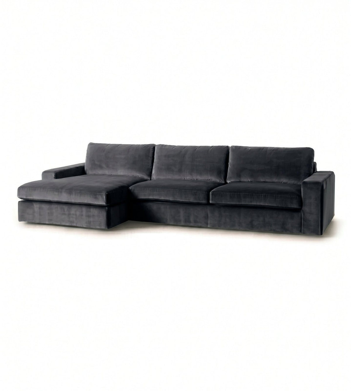 Sillón esquinero Victoria en pana antimanchas Grafito, forma en L con chaise, brazos rectos y almohadones grandes