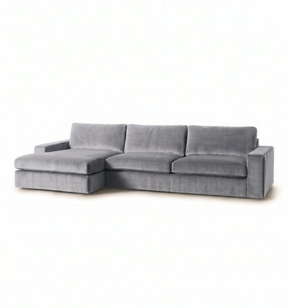 Sillón esquinero Victoria en pana antimanchas Plata, forma en L con chaise, brazos rectos y almohadones grandes