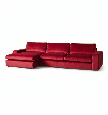 Sillón esquinero Victoria en pana antimanchas Rojo, forma en L con chaise, brazos rectos y almohadones grandes