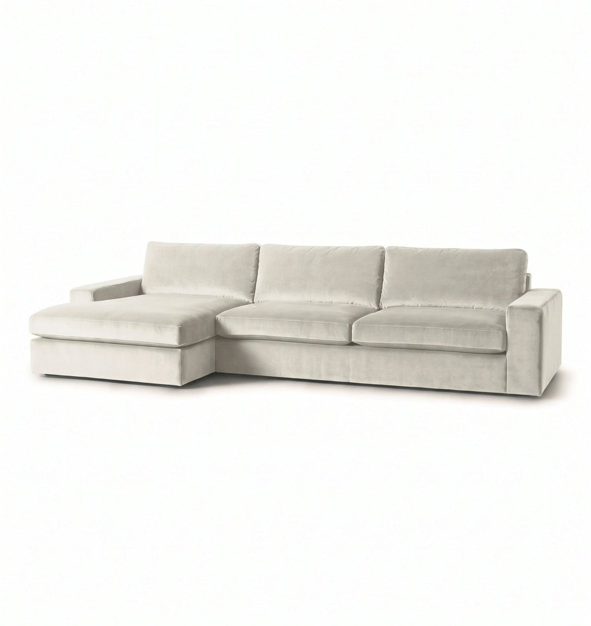 Sillón esquinero Victoria en pana antimanchas Tiza, forma en L con chaise, brazos rectos y almohadones grandes