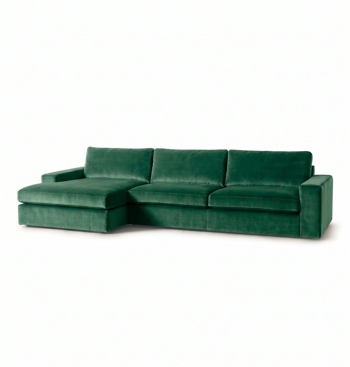 Sillón esquinero Victoria en pana antimanchas Verde inglés, forma en L con chaise, brazos rectos y almohadones grandes