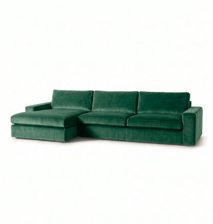 Sillón esquinero Victoria en pana antimanchas Verde inglés, forma en L con chaise, brazos rectos y almohadones grandes