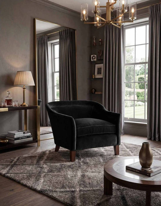 Sillón Grand Sofa de un cuerpo en un living ambientado, con respaldo curvo envolvente
