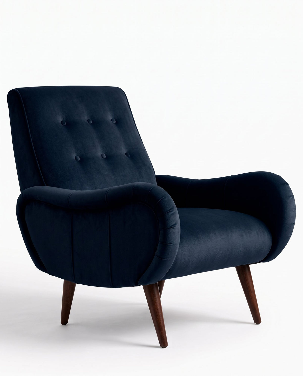 Sillón Loraine de un cuerpo en pana antimanchas Azul, respaldo alto con botones y patas cónicas de madera