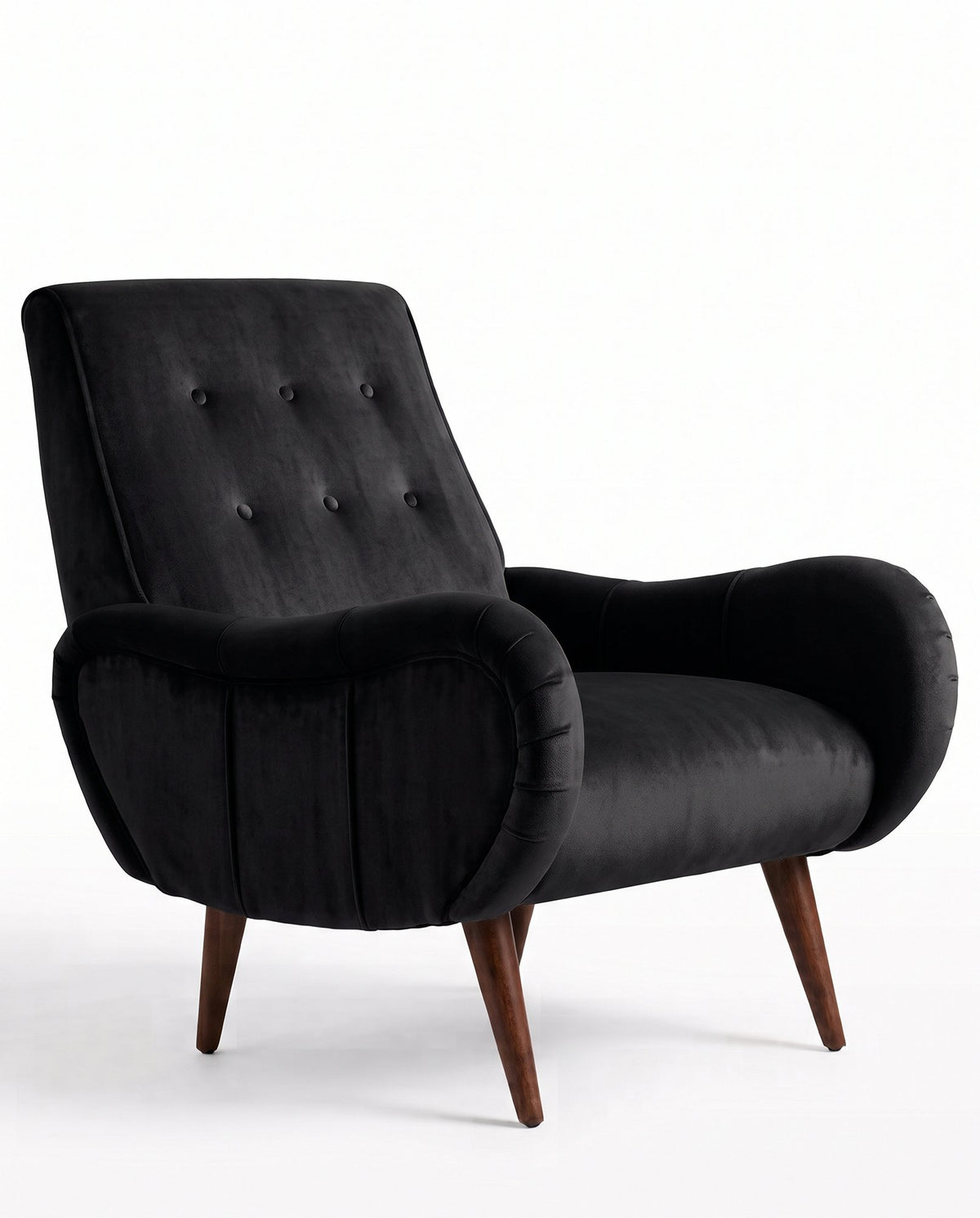 Sillón Loraine de un cuerpo en pana antimanchas Black, respaldo alto con botones y patas cónicas de madera