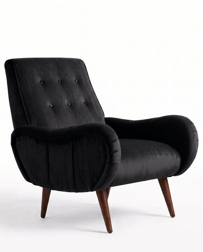 Sillón Loraine de un cuerpo en pana antimanchas Black, respaldo alto con botones y patas cónicas de madera