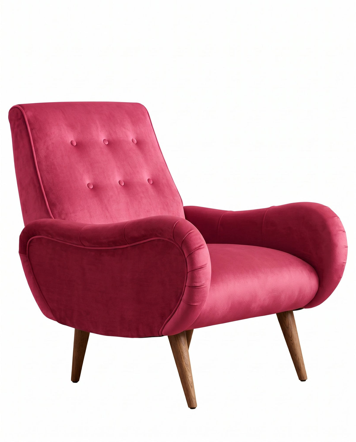 Sillón Loraine de un cuerpo en pana antimanchas Chicle, respaldo alto con botones y patas cónicas de madera
