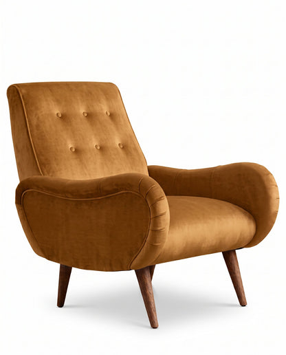 Sillón Loraine de un cuerpo en pana antimanchas Gamuza, respaldo alto con botones y patas cónicas de madera