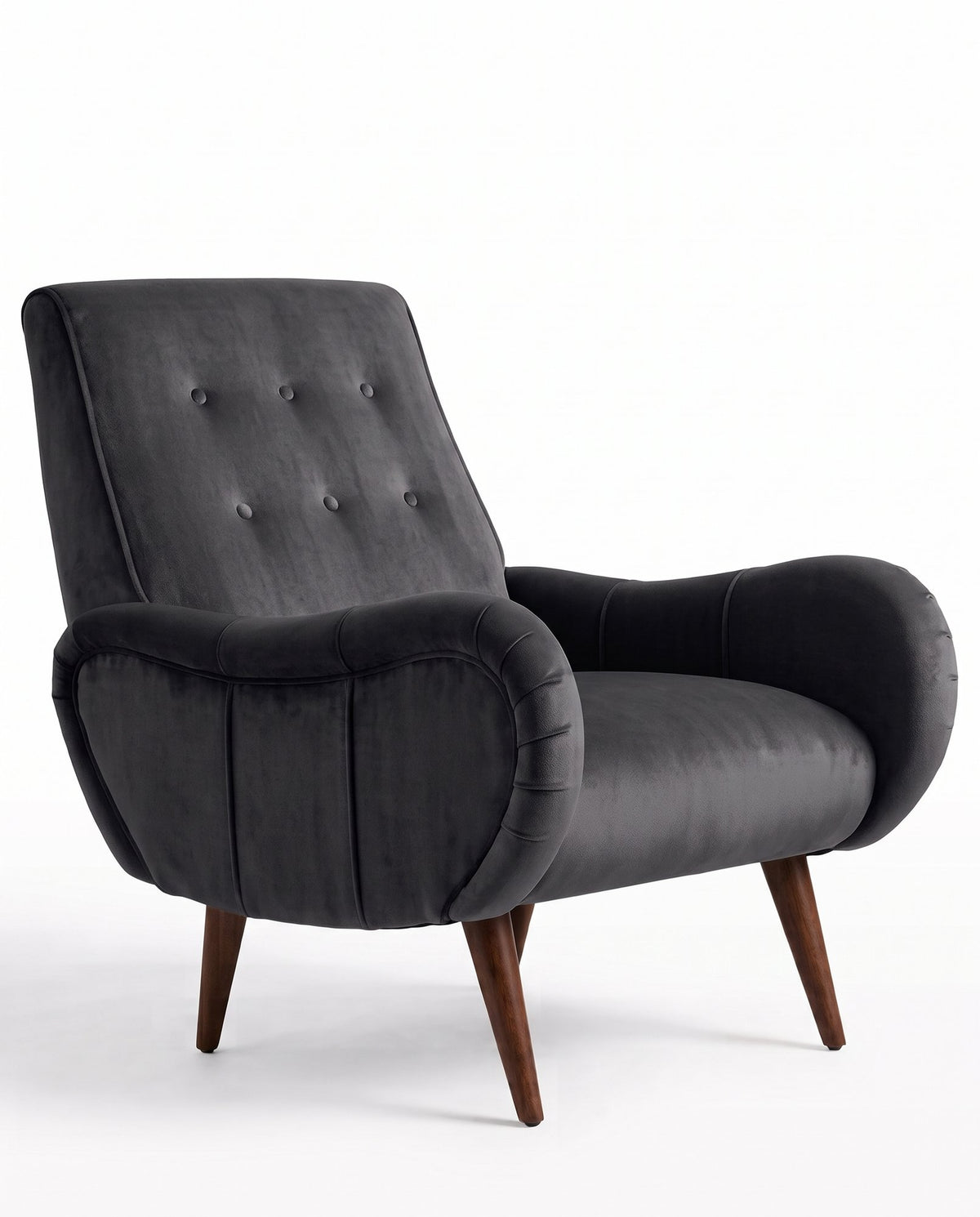 Sillón Loraine de un cuerpo en pana antimanchas Grafito, respaldo alto con botones y patas cónicas de madera