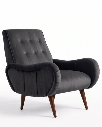 Sillón Loraine de un cuerpo en pana antimanchas Grafito, respaldo alto con botones y patas cónicas de madera