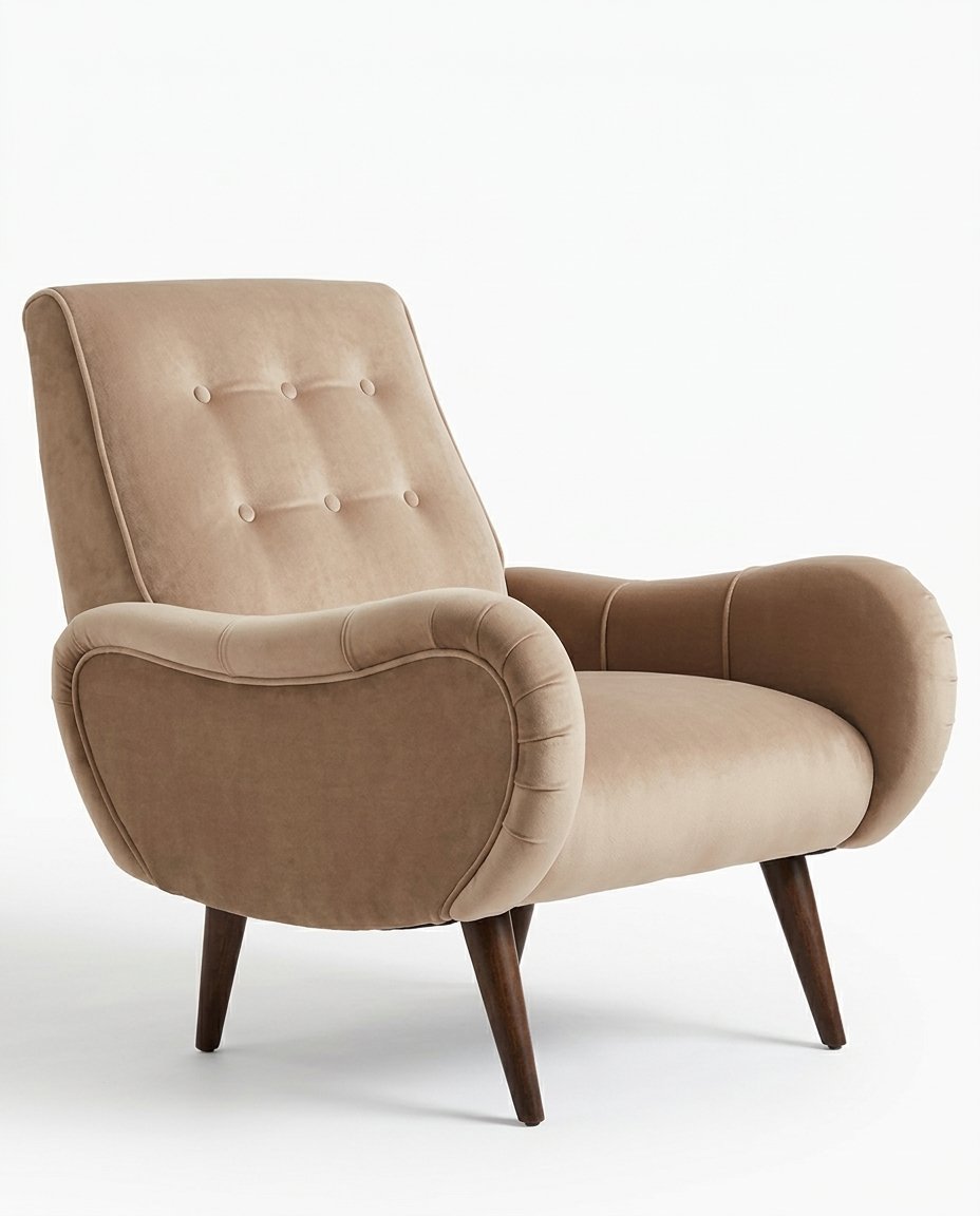 Sillón Loraine de un cuerpo en pana antimanchas Latte, respaldo alto con botones y patas cónicas de madera