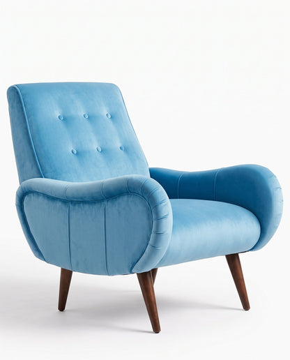 Sillón Loraine de un cuerpo en pana antimanchas Océano, respaldo alto con botones y patas cónicas de madera