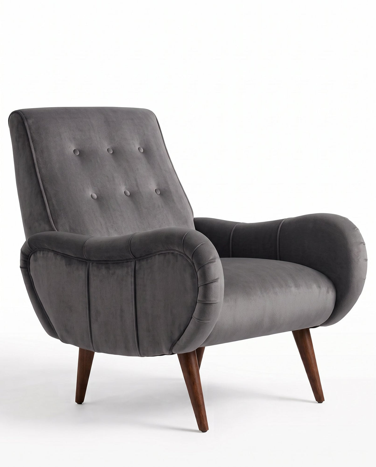 Sillón Loraine de un cuerpo en pana antimanchas Onyx, respaldo alto con botones y patas cónicas de madera