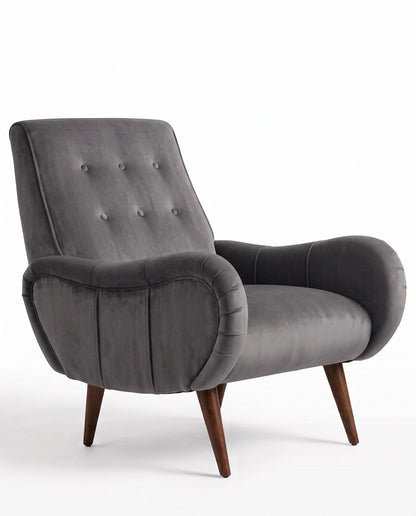 Sillón Loraine de un cuerpo en pana antimanchas Onyx, respaldo alto con botones y patas cónicas de madera
