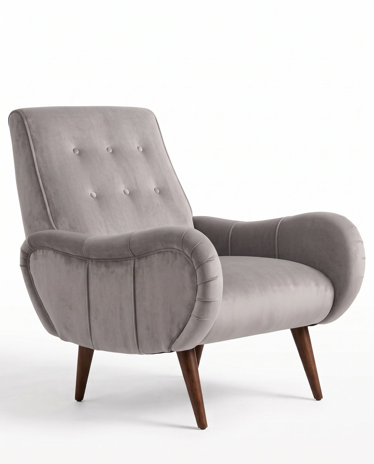 Sillón Loraine de un cuerpo en pana antimanchas Plata, respaldo alto con botones y patas cónicas de madera