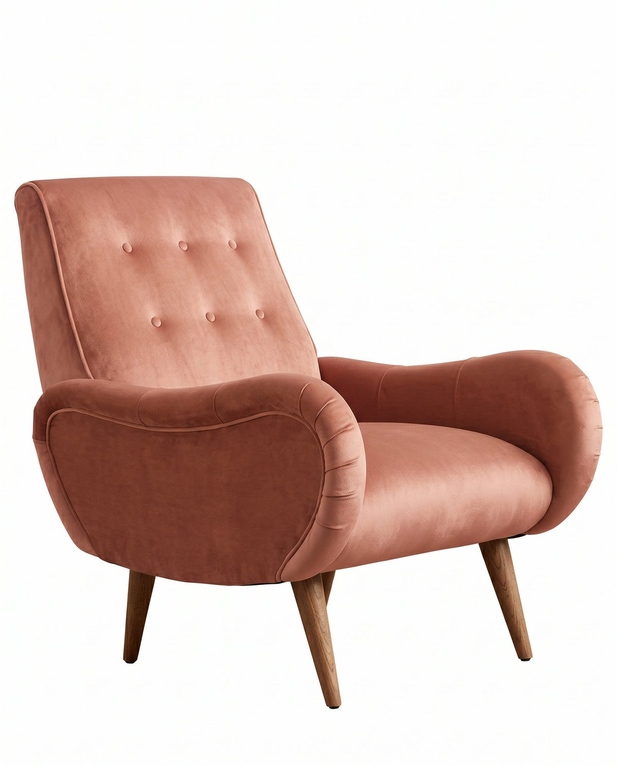 Sillón Loraine de un cuerpo en pana antimanchas Rosa, respaldo alto con botones y patas cónicas de madera