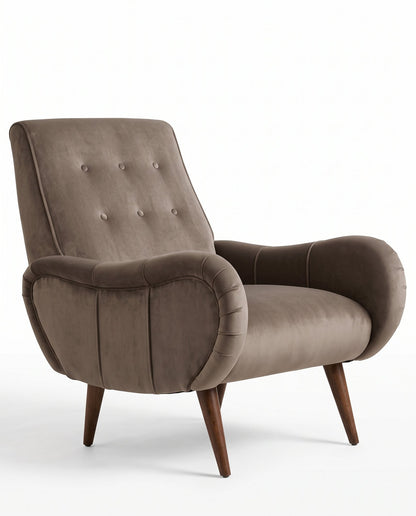 Sillón Loraine de un cuerpo en pana antimanchas Stone, respaldo alto con botones y patas cónicas de madera