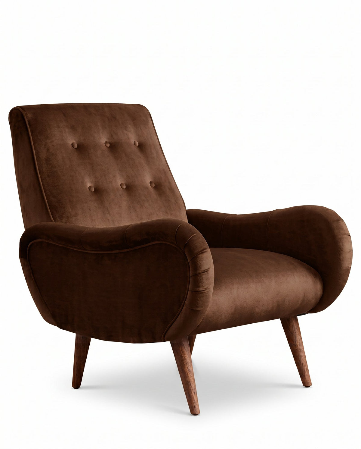 Sillón Loraine de un cuerpo en pana antimanchas Suela, respaldo alto con botones y patas cónicas de madera