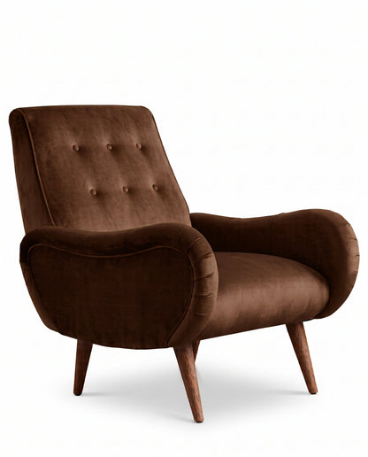 Sillón Loraine de un cuerpo en pana antimanchas Suela, respaldo alto con botones y patas cónicas de madera