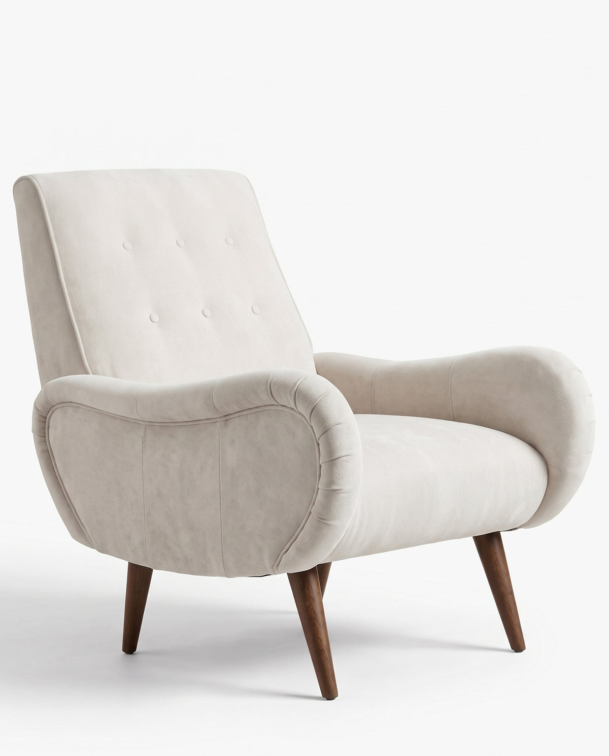 Sillón Loraine de un cuerpo en pana antimanchas Tiza, respaldo alto con botones y patas cónicas de madera