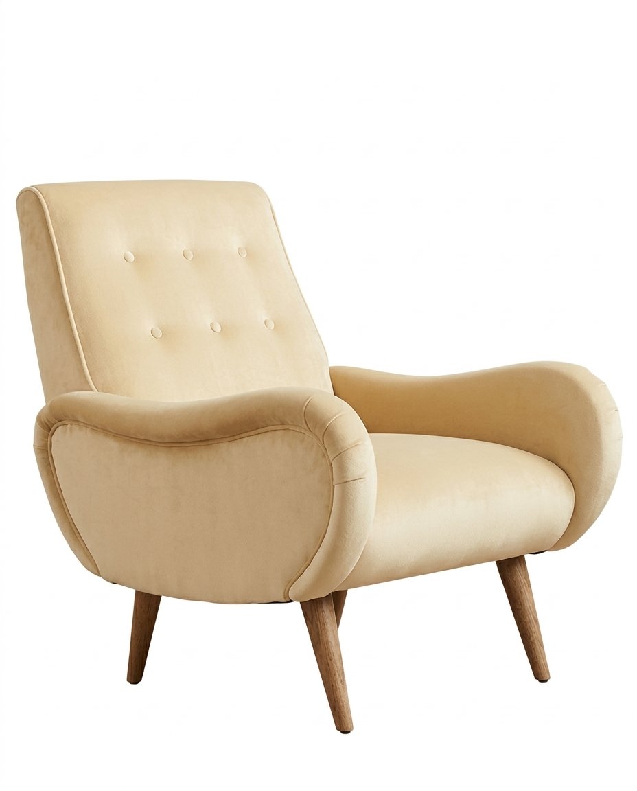 Sillón Loraine de un cuerpo en pana antimanchas Vainilla, respaldo alto con botones y patas cónicas de madera