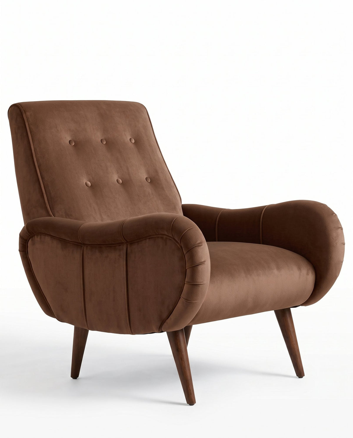 Sillón Loraine de un cuerpo en pana antimanchas Visón, respaldo alto con botones y patas cónicas de madera
