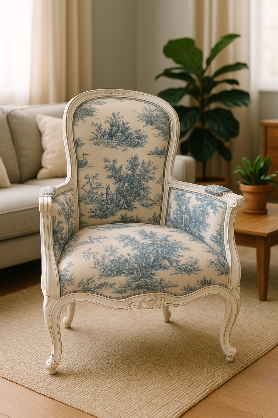 Sillón María Antonieta de estilo francés en tela Etoile, ambientado en un living luminoso