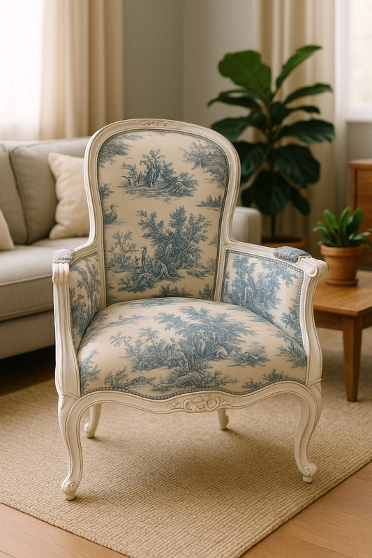 Sillón María Antonieta de estilo francés en tela Etoile, ambientado en un living luminoso