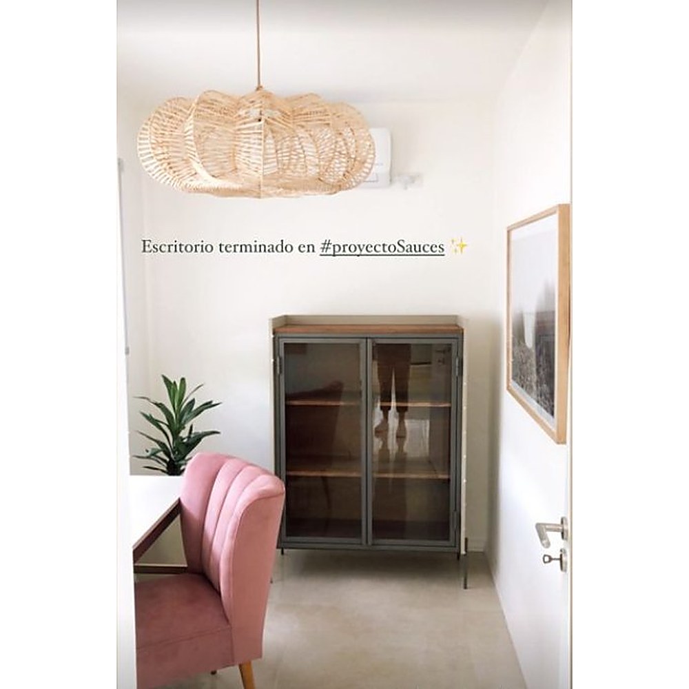 Sillón Matero Alpes rosa terracota en el escritorio del Proyecto Sauces, con una vitrina de hierro al fondo