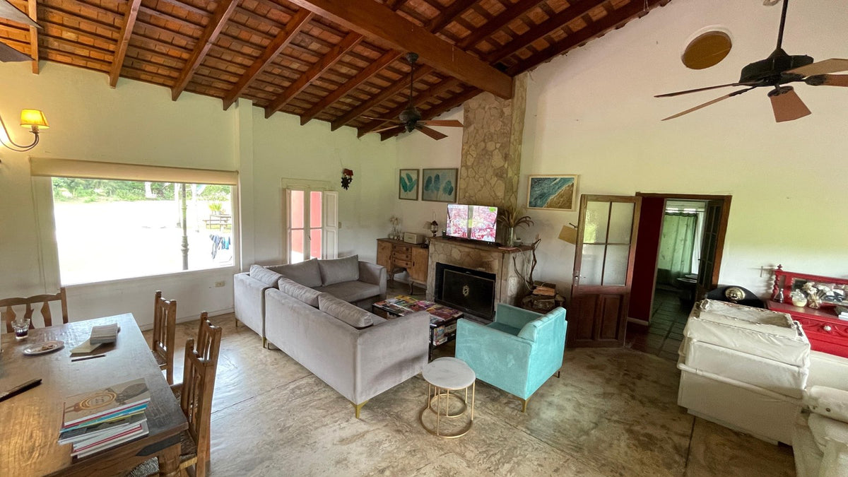 Esquinero Magnolia gris y Sillón Mila turquesa con patas doradas frente al hogar de piedra en el living de Josefina