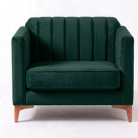 Sillón de un cuerpo Mila color Verde inglés en pana antimanchas importada, líneas rectas y diseño moderno con patas doradas — ideal para sumar un detalle contemporáneo al living. Hecho a medida por Tienda de Banquitos.