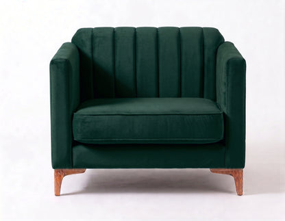 Sillón de un cuerpo Mila color Verde inglés en pana antimanchas importada, líneas rectas y diseño moderno con patas doradas — ideal para sumar un detalle contemporáneo al living. Hecho a medida por Tienda de Banquitos.