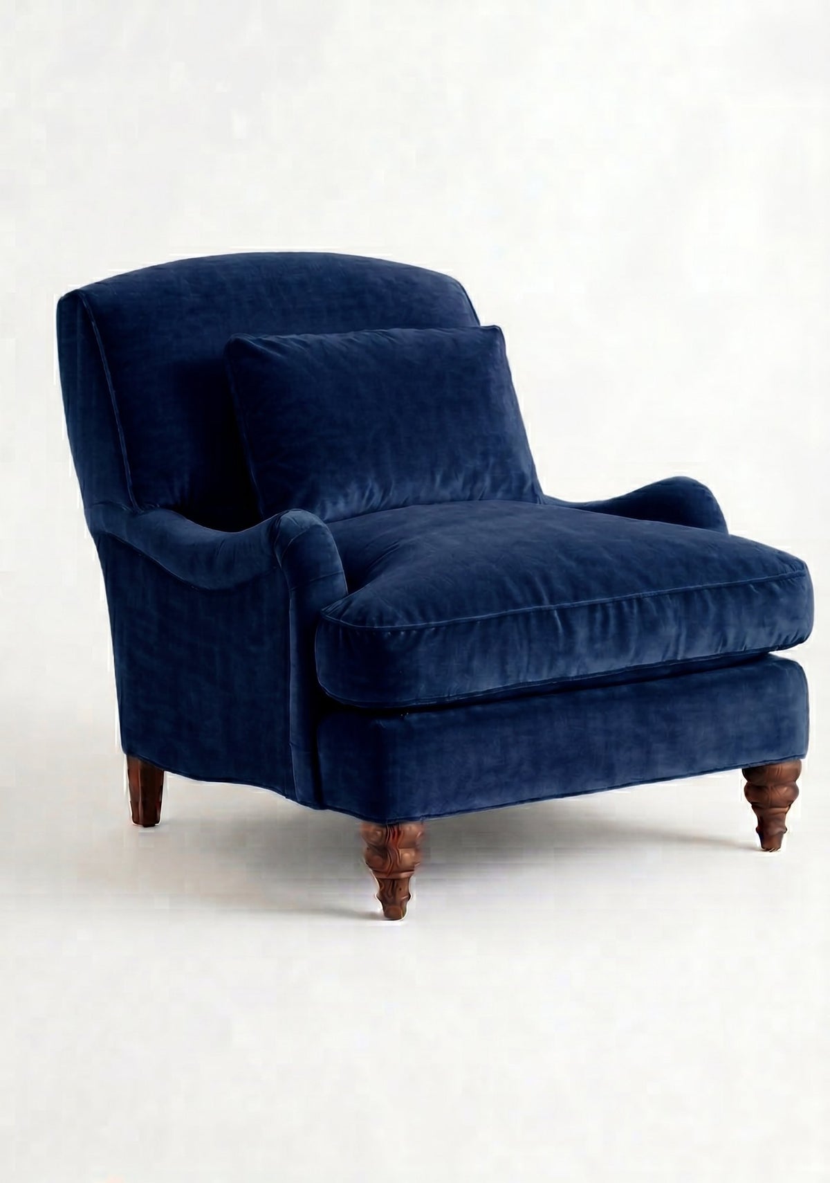 Sillón Minerva de un cuerpo en pana antimanchas Azul, con almohadón lumbar y patas torneadas