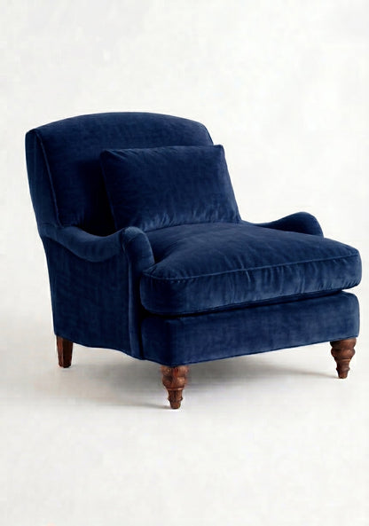 Sillón Minerva de un cuerpo en pana antimanchas Azul, con almohadón lumbar y patas torneadas
