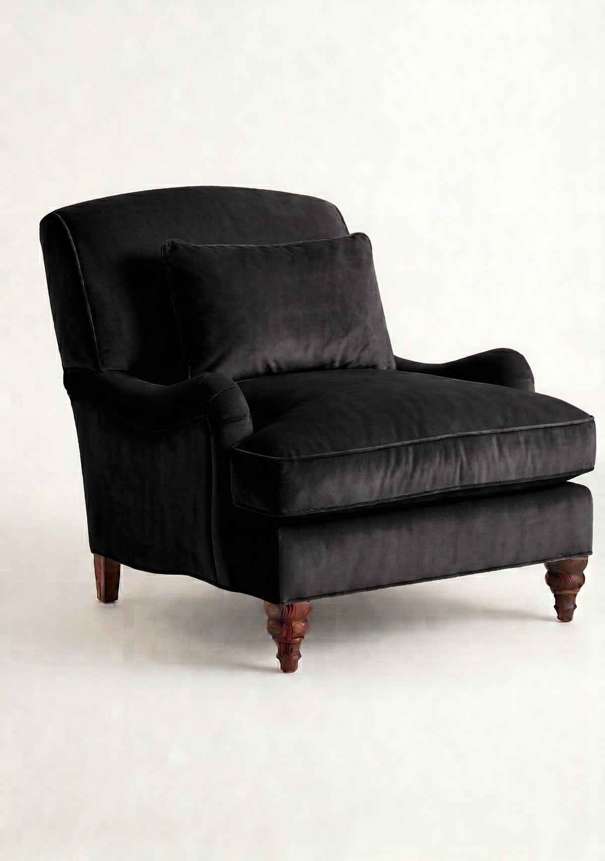 Sillón Minerva de un cuerpo en pana antimanchas Black, con almohadón lumbar y patas torneadas
