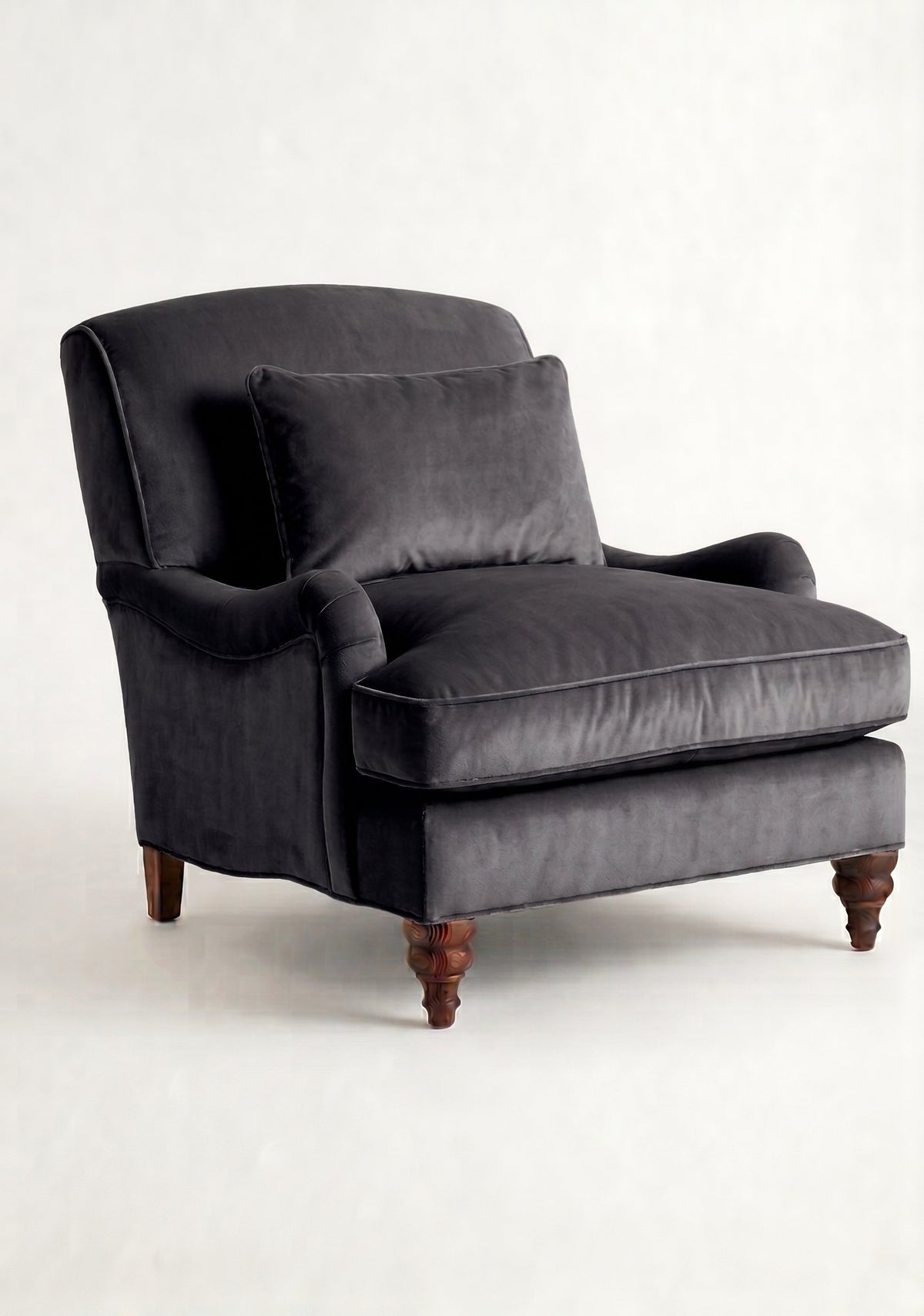 Sillón Minerva de un cuerpo en pana antimanchas Grafito, con almohadón lumbar y patas torneadas