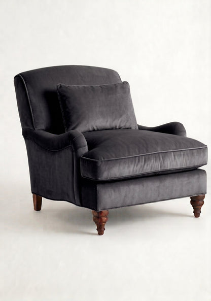 Sillón Minerva de un cuerpo en pana antimanchas Grafito, con almohadón lumbar y patas torneadas