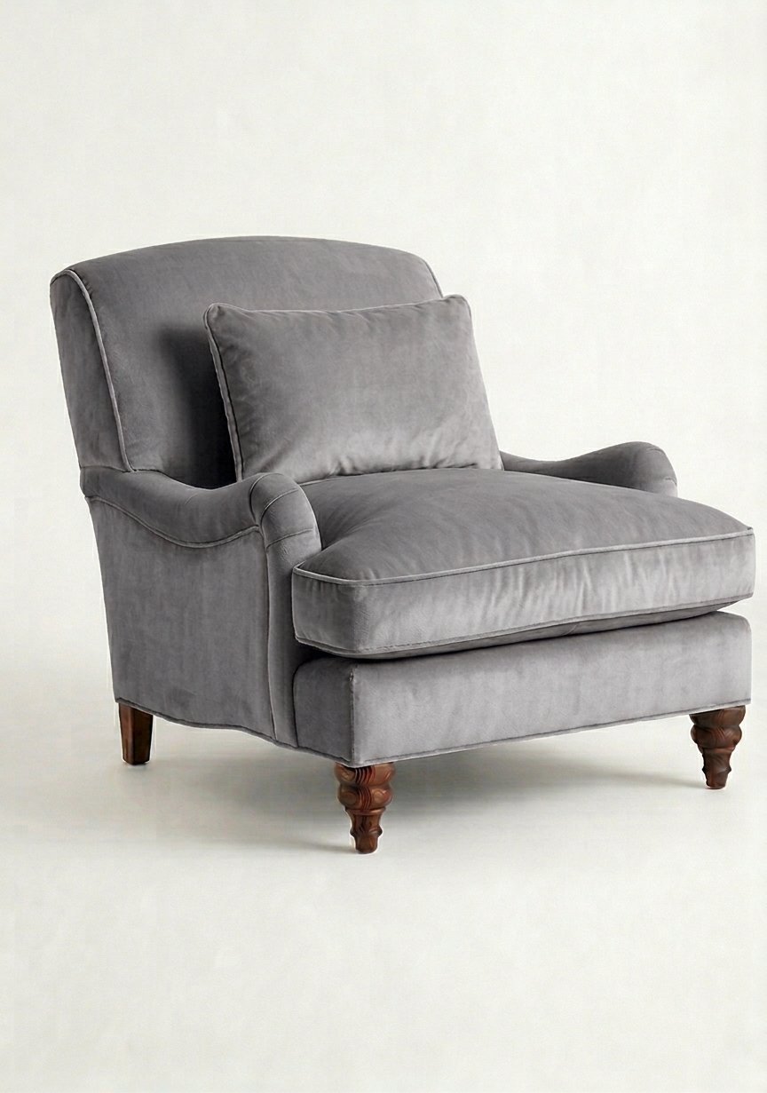 Sillón Minerva de un cuerpo en pana antimanchas Plata, con almohadón lumbar y patas torneadas
