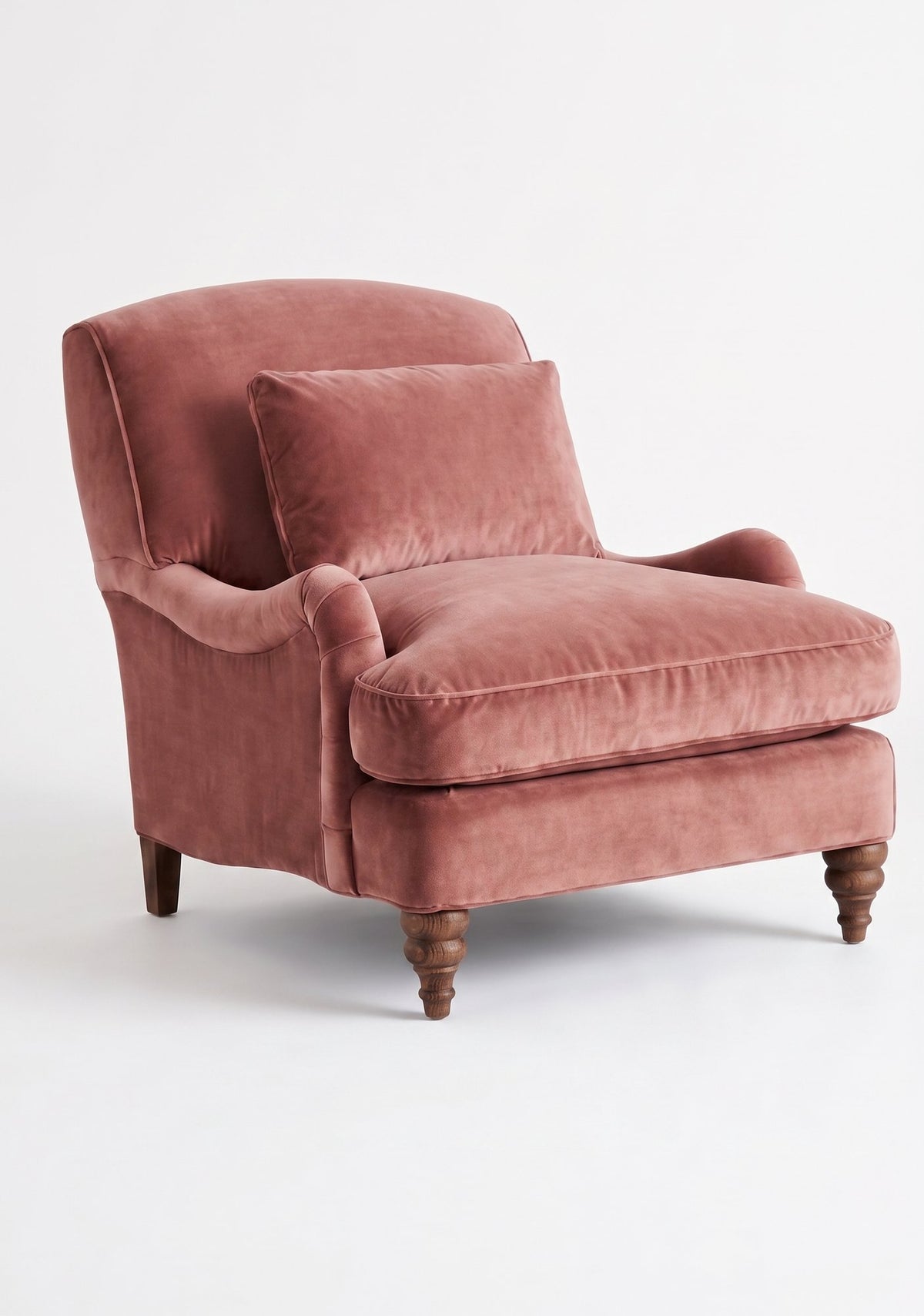 Sillón Minerva de un cuerpo en pana antimanchas Rosa, con almohadón lumbar y patas torneadas