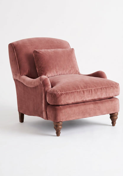 Sillón Minerva de un cuerpo en pana antimanchas Rosa, con almohadón lumbar y patas torneadas