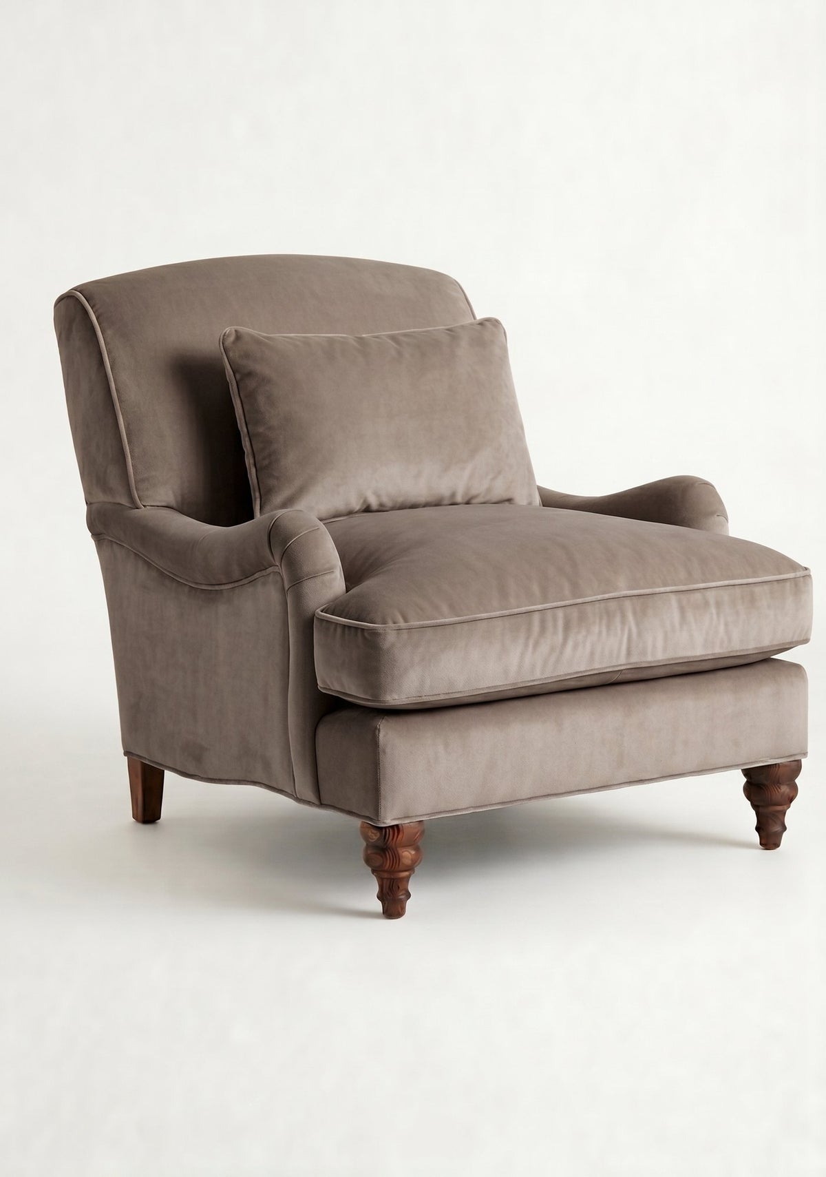 Sillón Minerva de un cuerpo en pana antimanchas Stone, con almohadón lumbar y patas torneadas