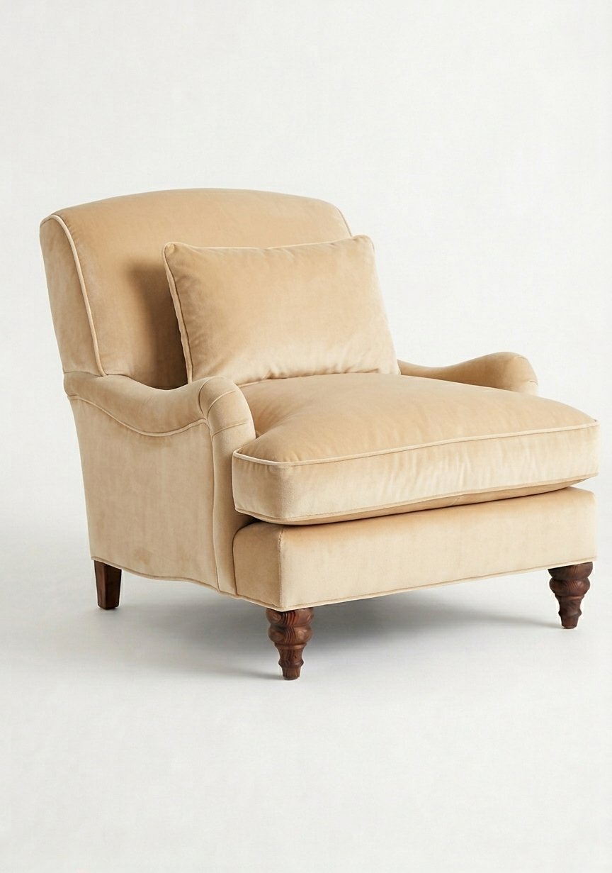 Sillón Minerva de un cuerpo en pana antimanchas Vainilla, con almohadón lumbar y patas torneadas
