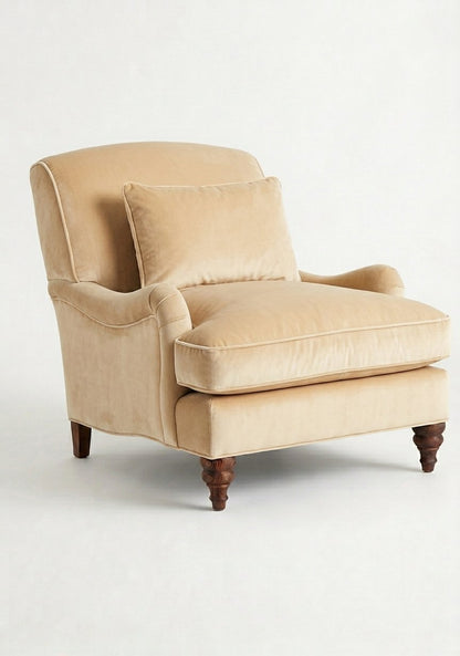 Sillón Minerva de un cuerpo en pana antimanchas Vainilla, con almohadón lumbar y patas torneadas