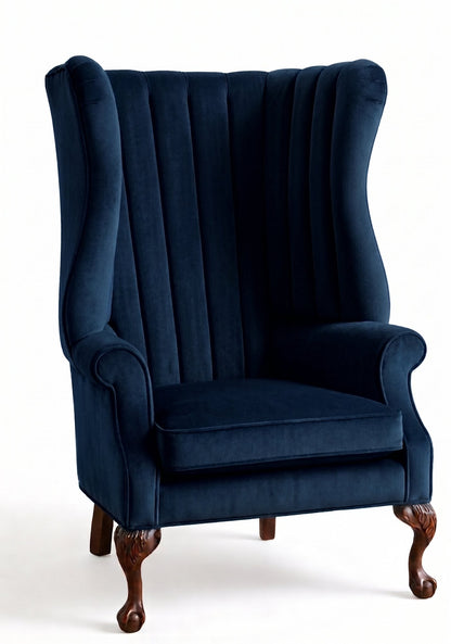 Sillón Mortisia de un cuerpo en pana antimanchas Azul, bergère de respaldo alto acanalado