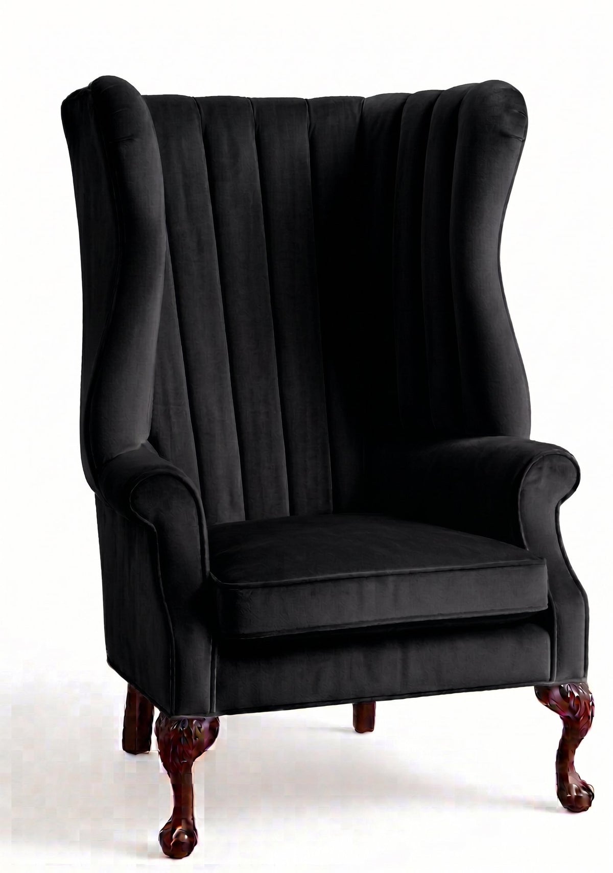 Sillón Mortisia de un cuerpo en pana antimanchas Black, bergère de respaldo alto acanalado