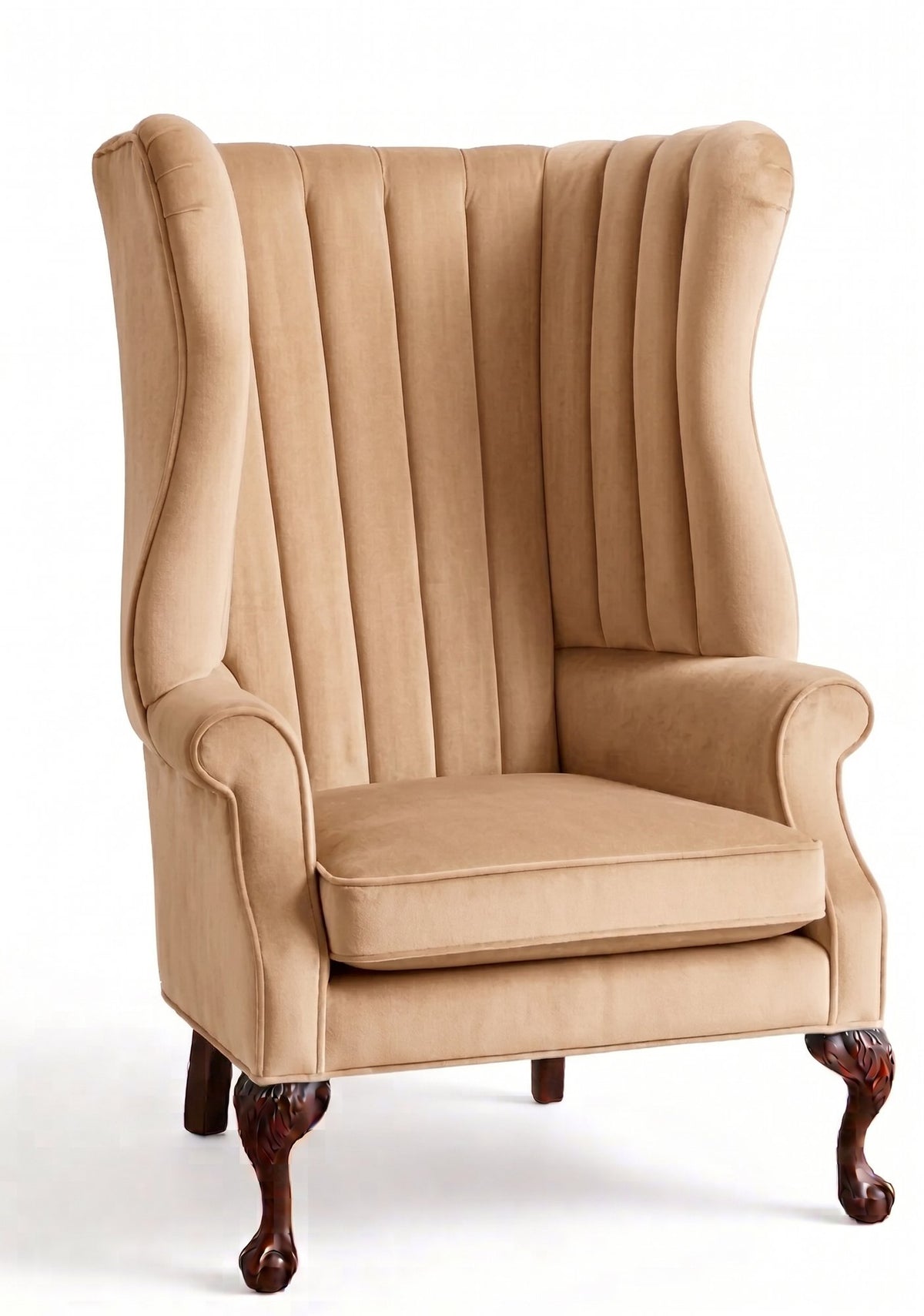 Sillón Mortisia de un cuerpo en pana antimanchas Latte, bergère de respaldo alto acanalado