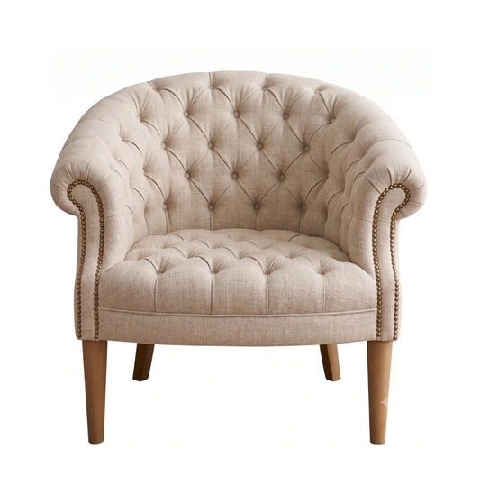 Sillón Nairobi de un cuerpo tapizado en beige, capitoné redondeado con tachas y patas de madera – Tienda de Banquitos