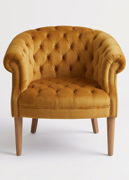 Sillón Nairobi de un cuerpo en pana antimanchas Oro, capitoné redondeado con tachas y patas de madera