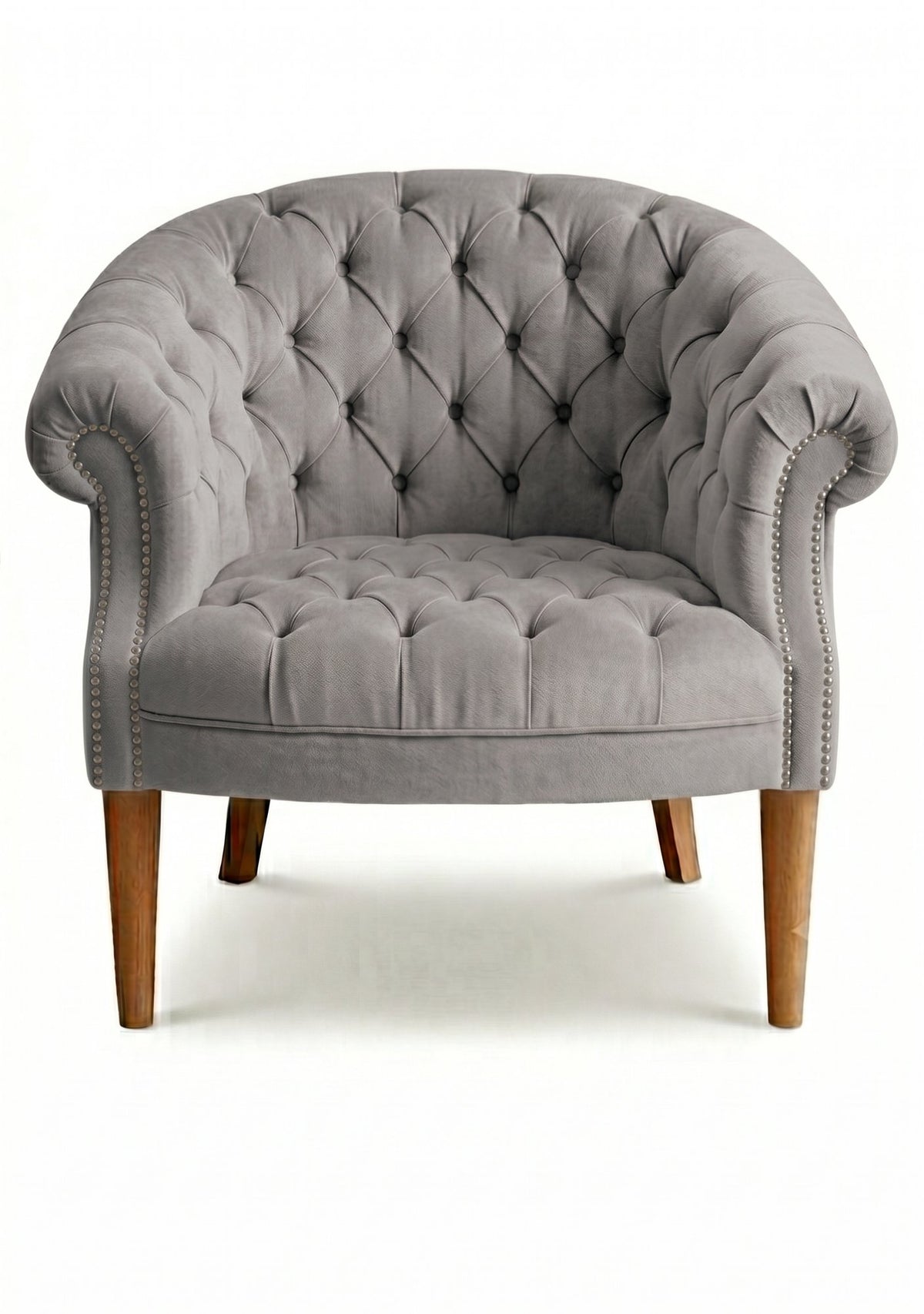 Sillón Nairobi de un cuerpo en pana antimanchas Plata, capitoné redondeado con tachas y patas de madera